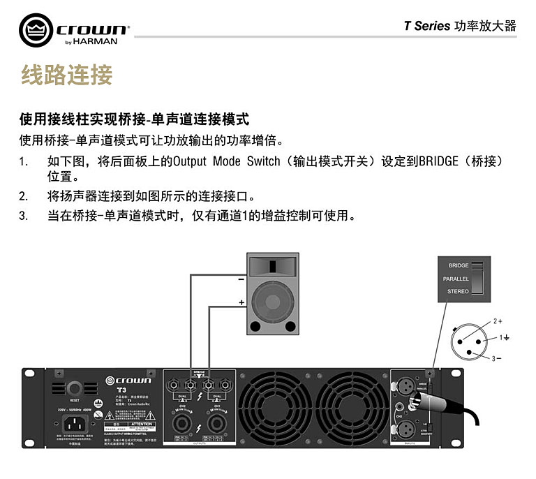 CROWN T 系列功放連接